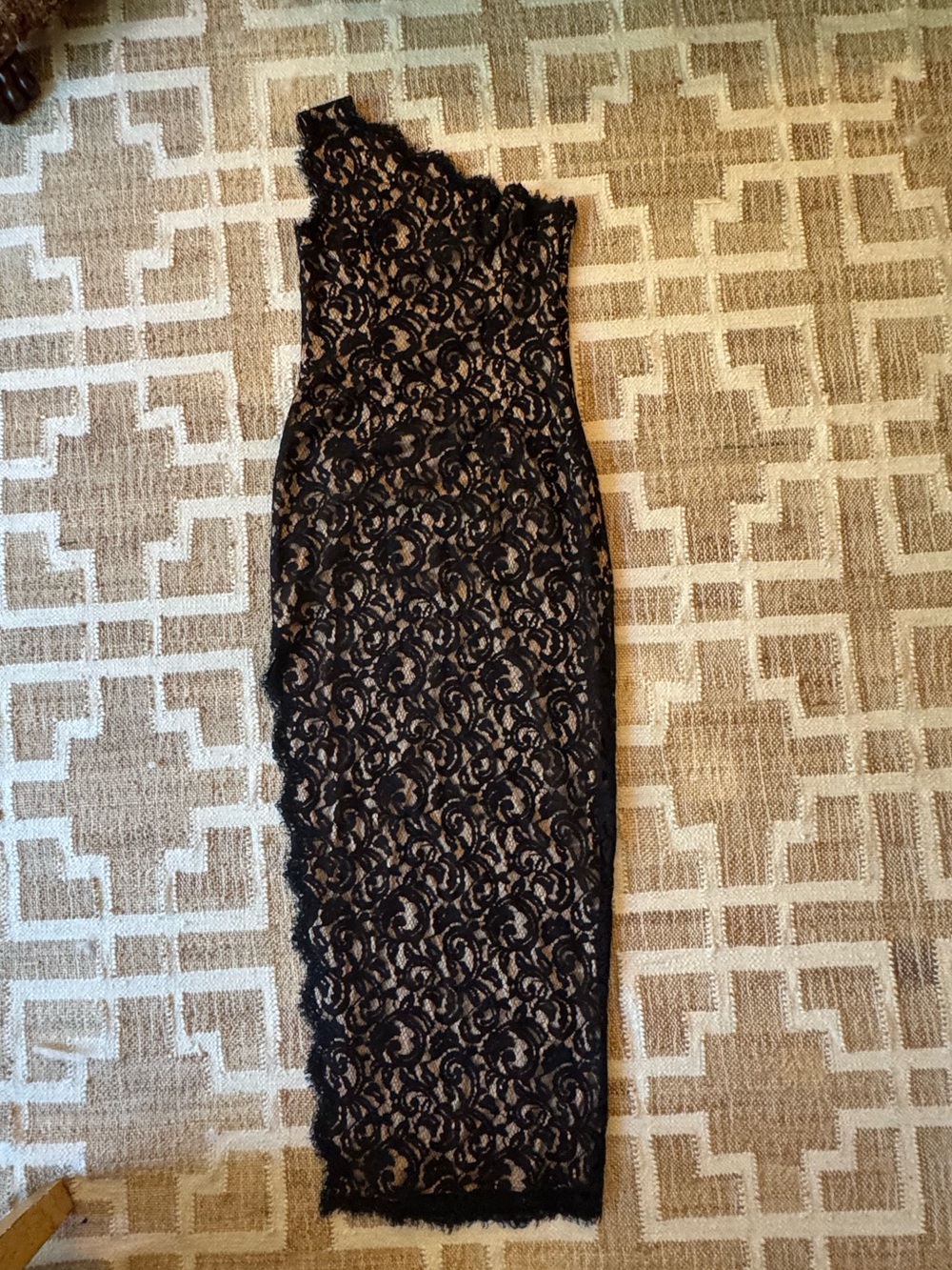 Tadashi Shoji Black Lace One-Shoulder Sheath Evening Gown with Nude Underlay
